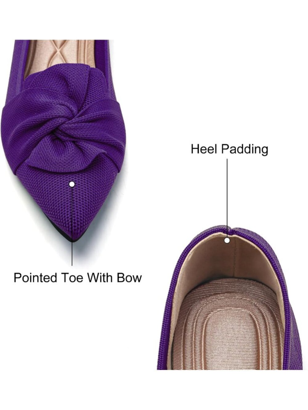 Women's Purple Pointed Toe Ballet With Bow Comfortable Knit Dressy Flats Shoes - Picture 4 of 7